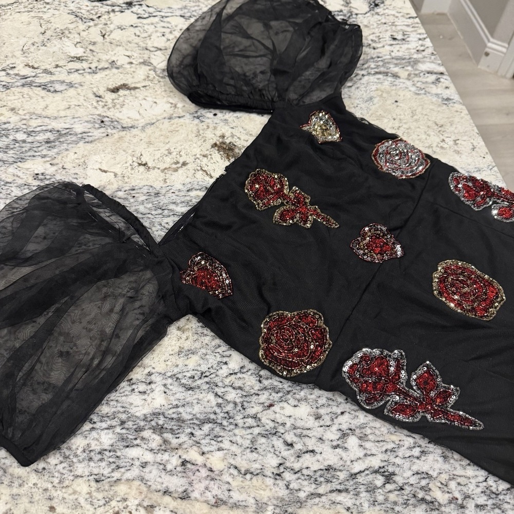 ASOS Black Rose Appliqué Puff Sleeve Bodycon Mini Dress NWT size 12 Fits Like S - Picture 16 of 16